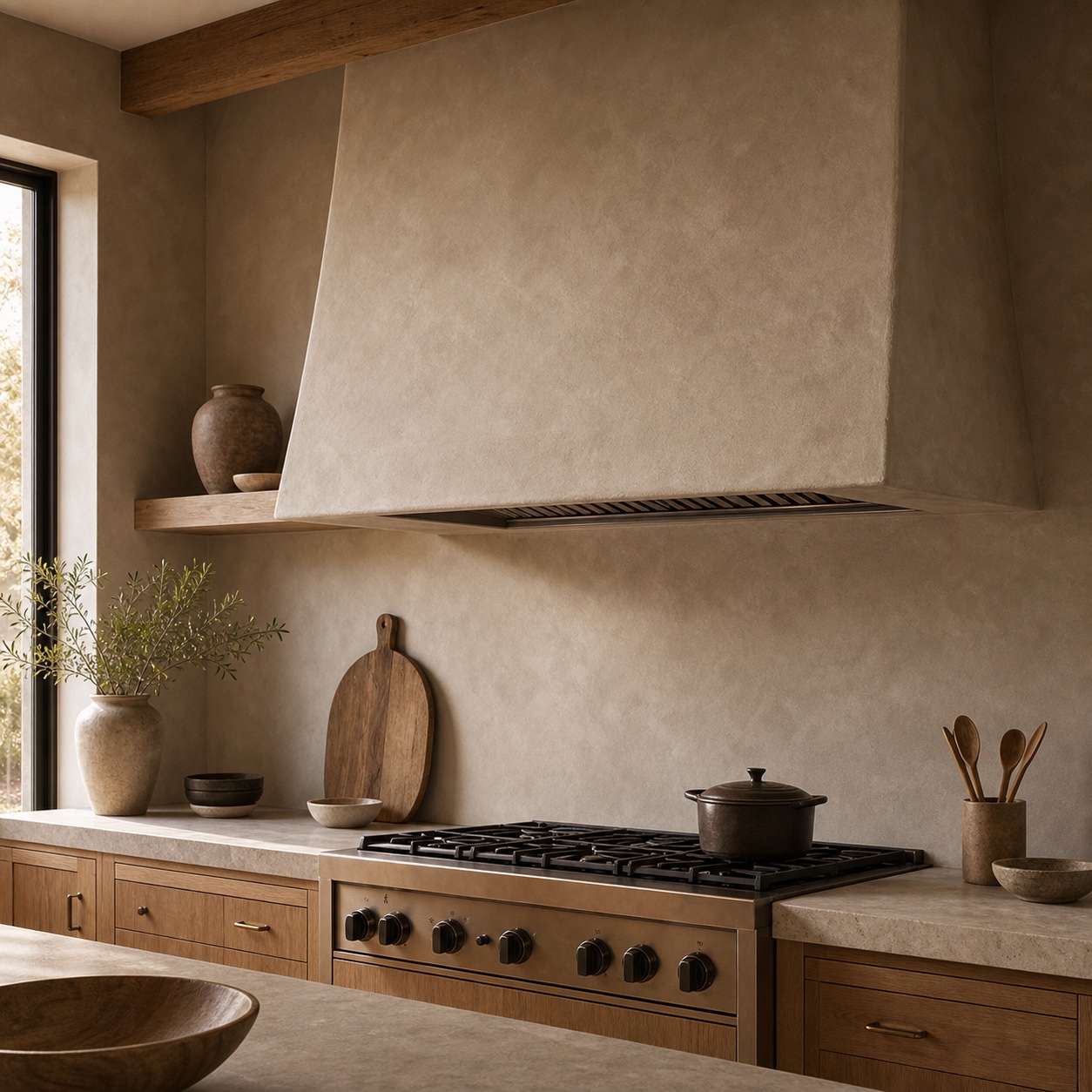 Roman clay kitchen hood vent with warm matte plaster finish